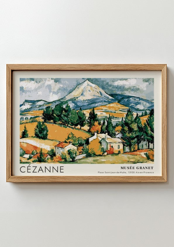 Wall art poster featuring Cézanne La Montagne Sainte-Victoire landscape in earth tones and green.