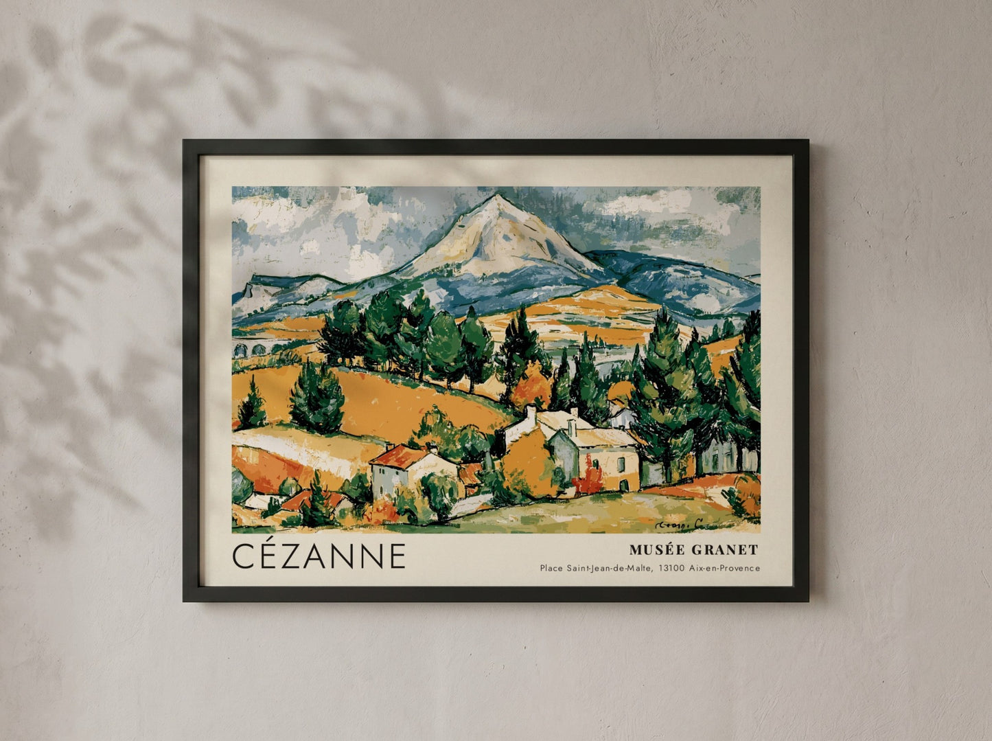 Wall art poster featuring Cézanne La Montagne Sainte-Victoire landscape in earth tones and green.