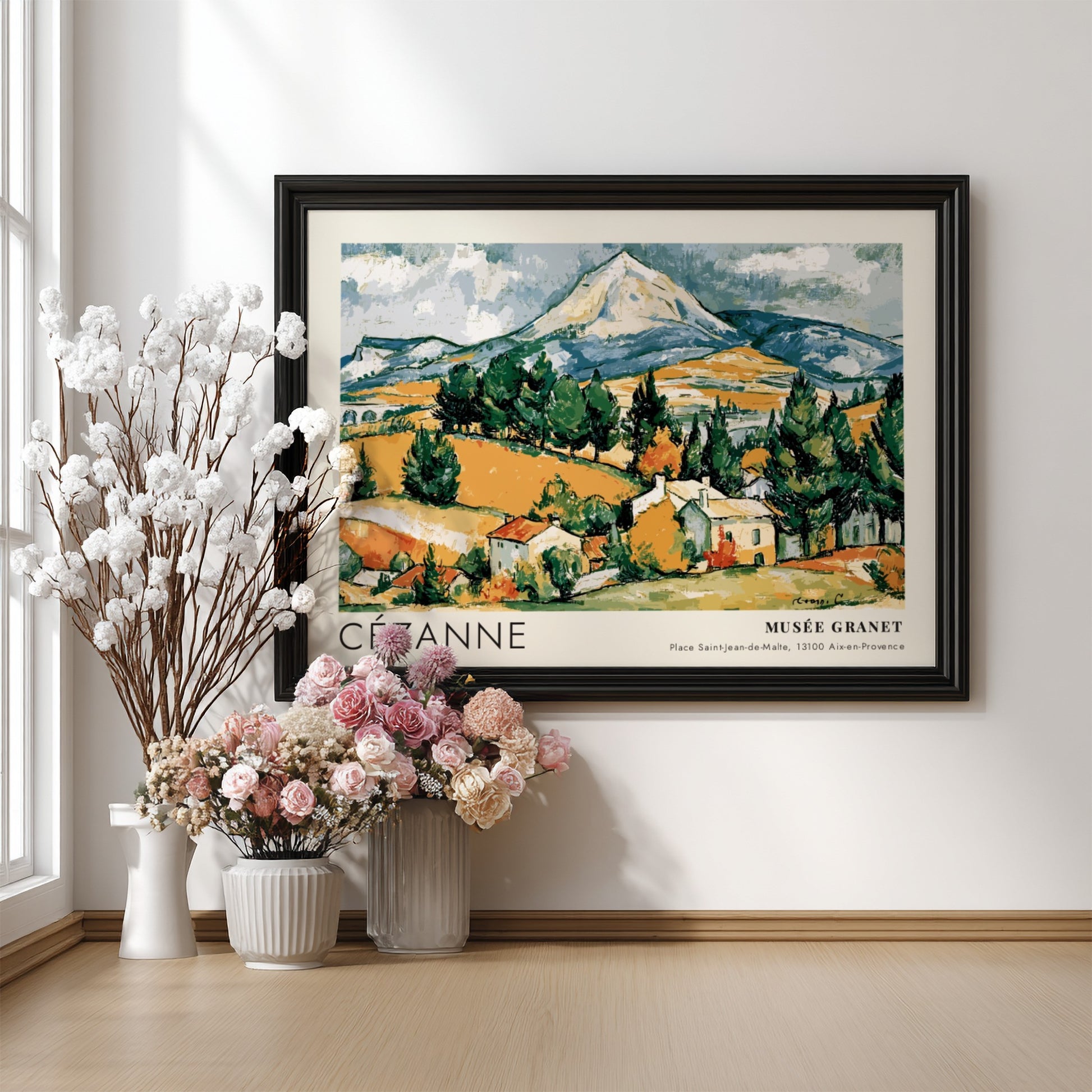 Wall art poster featuring Cézanne La Montagne Sainte-Victoire landscape in earth tones and green.