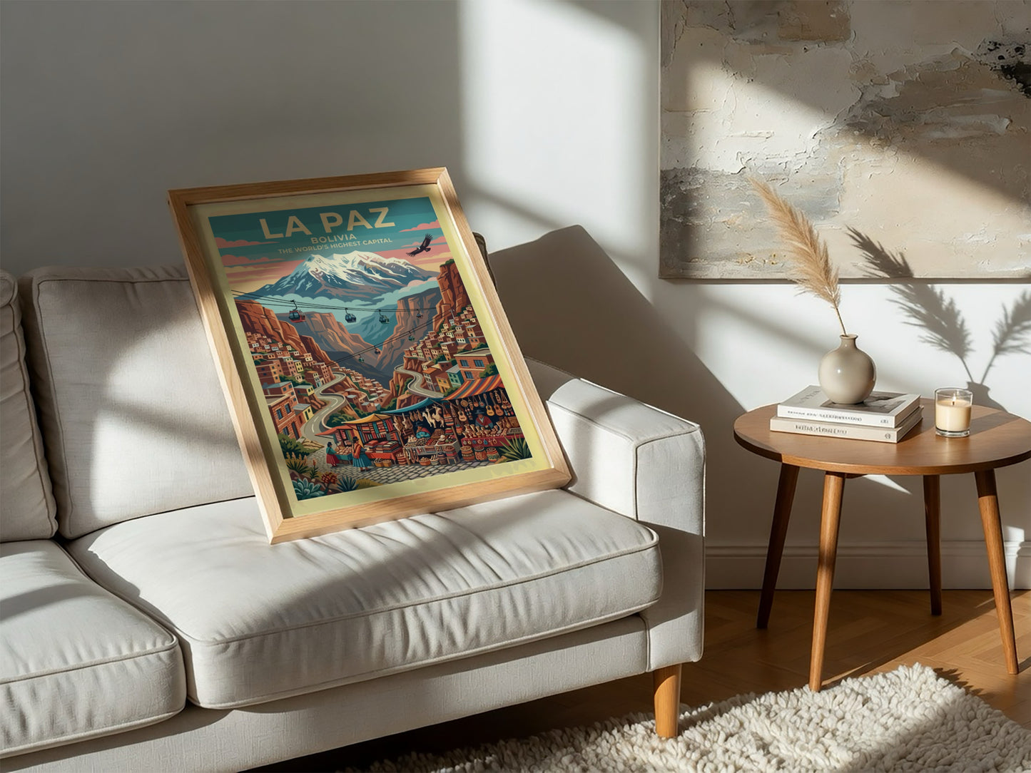 Travel poster of La Paz Bolivia featuring cable cars and mountain views in vibrant colors.