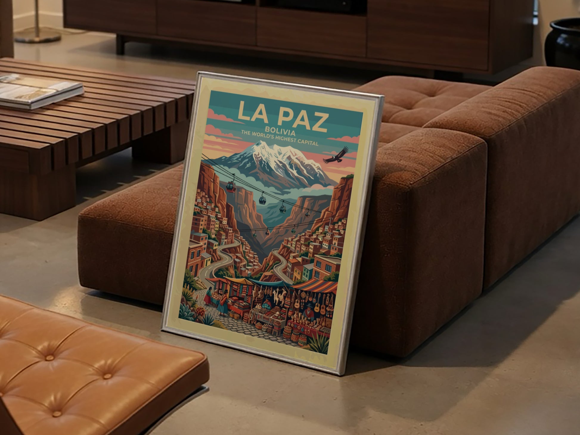 Travel poster of La Paz Bolivia featuring cable cars and mountain views in vibrant colors.