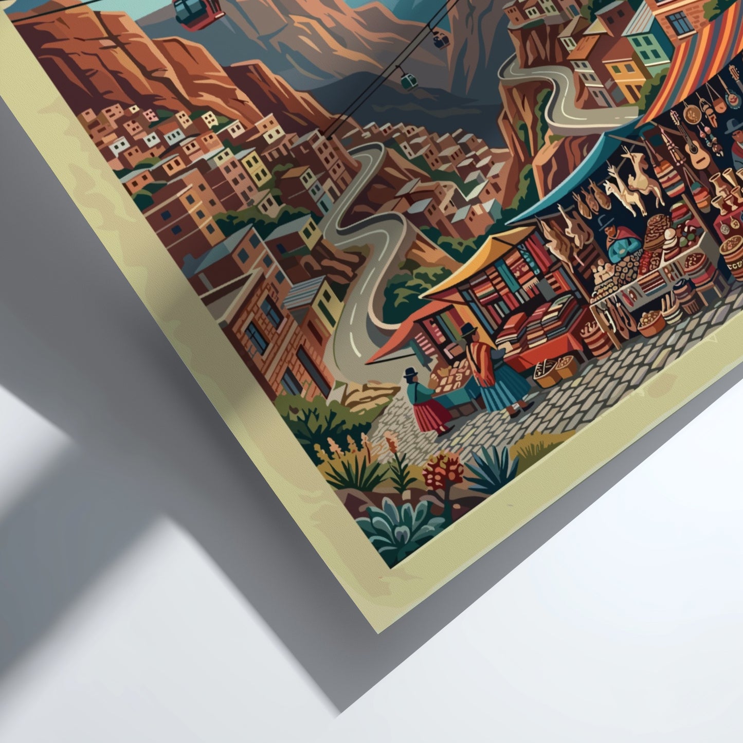 Travel poster of La Paz Bolivia featuring cable cars and mountain views in vibrant colors.