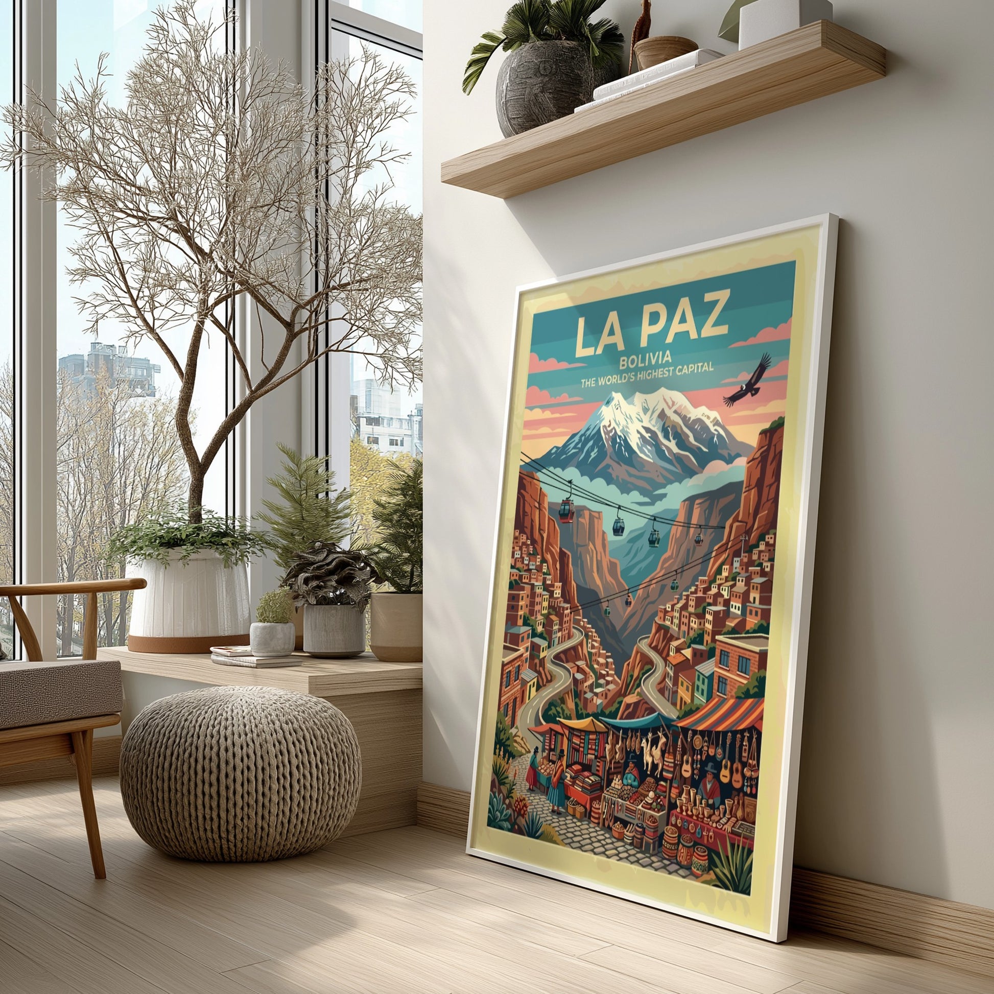 Travel poster of La Paz Bolivia featuring cable cars and mountain views in vibrant colors.