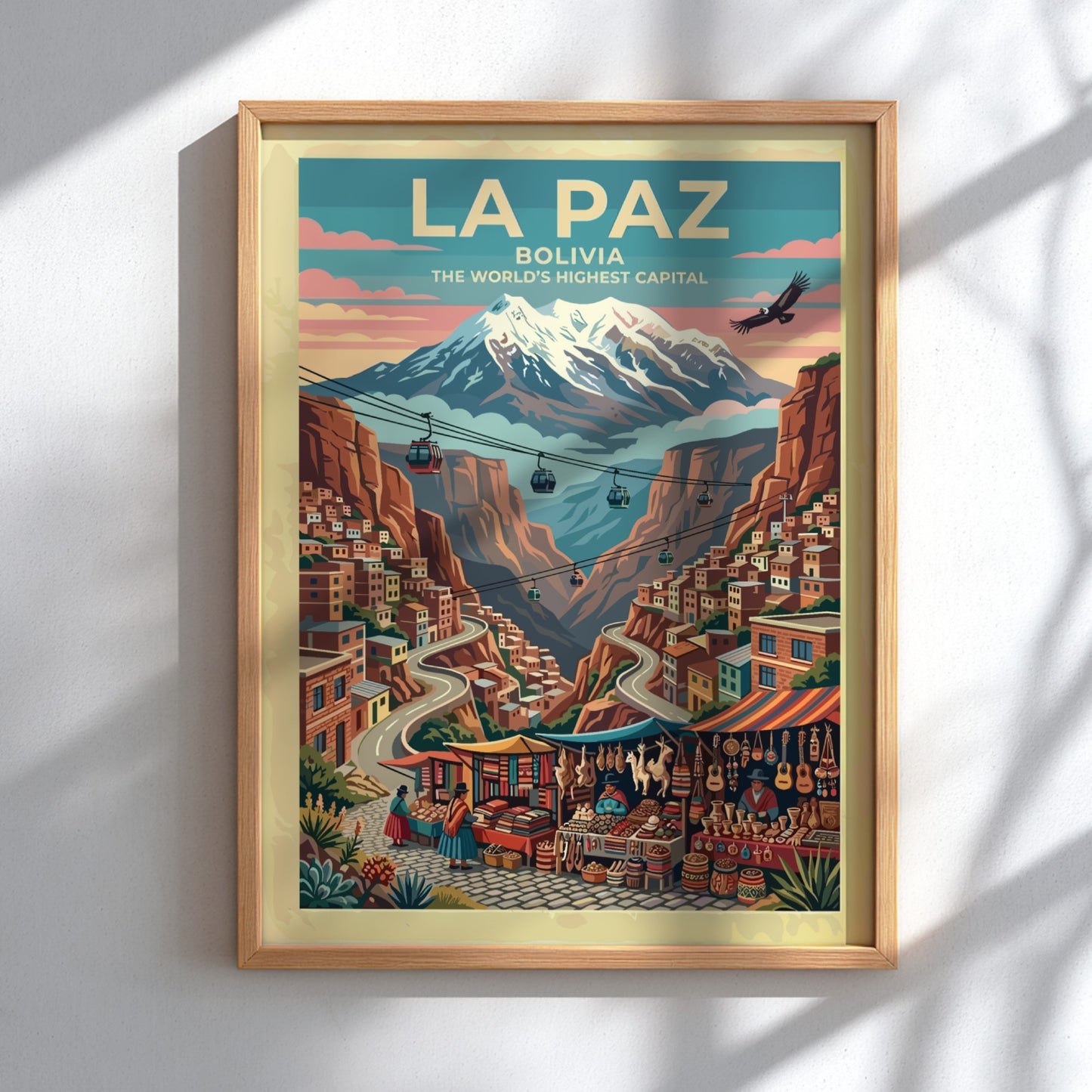 Travel poster of La Paz Bolivia featuring cable cars and mountain views in vibrant colors.