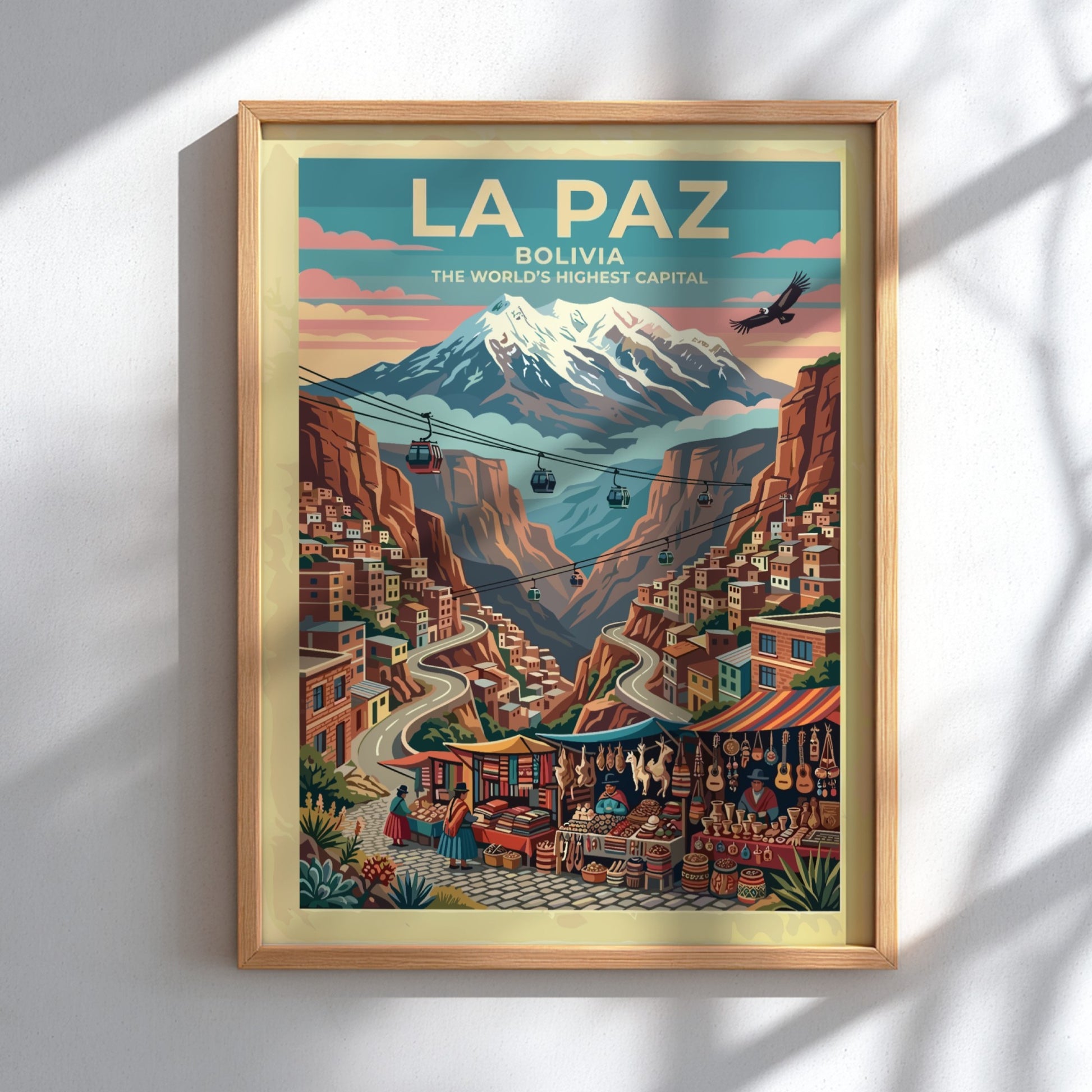 Travel poster of La Paz Bolivia featuring cable cars and mountain views in vibrant colors.