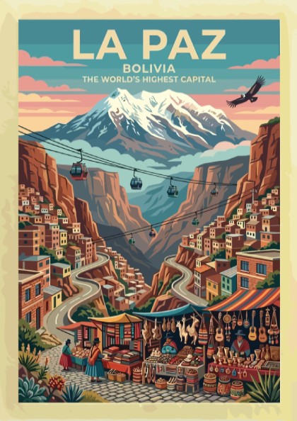 Travel poster of La Paz Bolivia featuring cable cars and mountain views in vibrant colors.