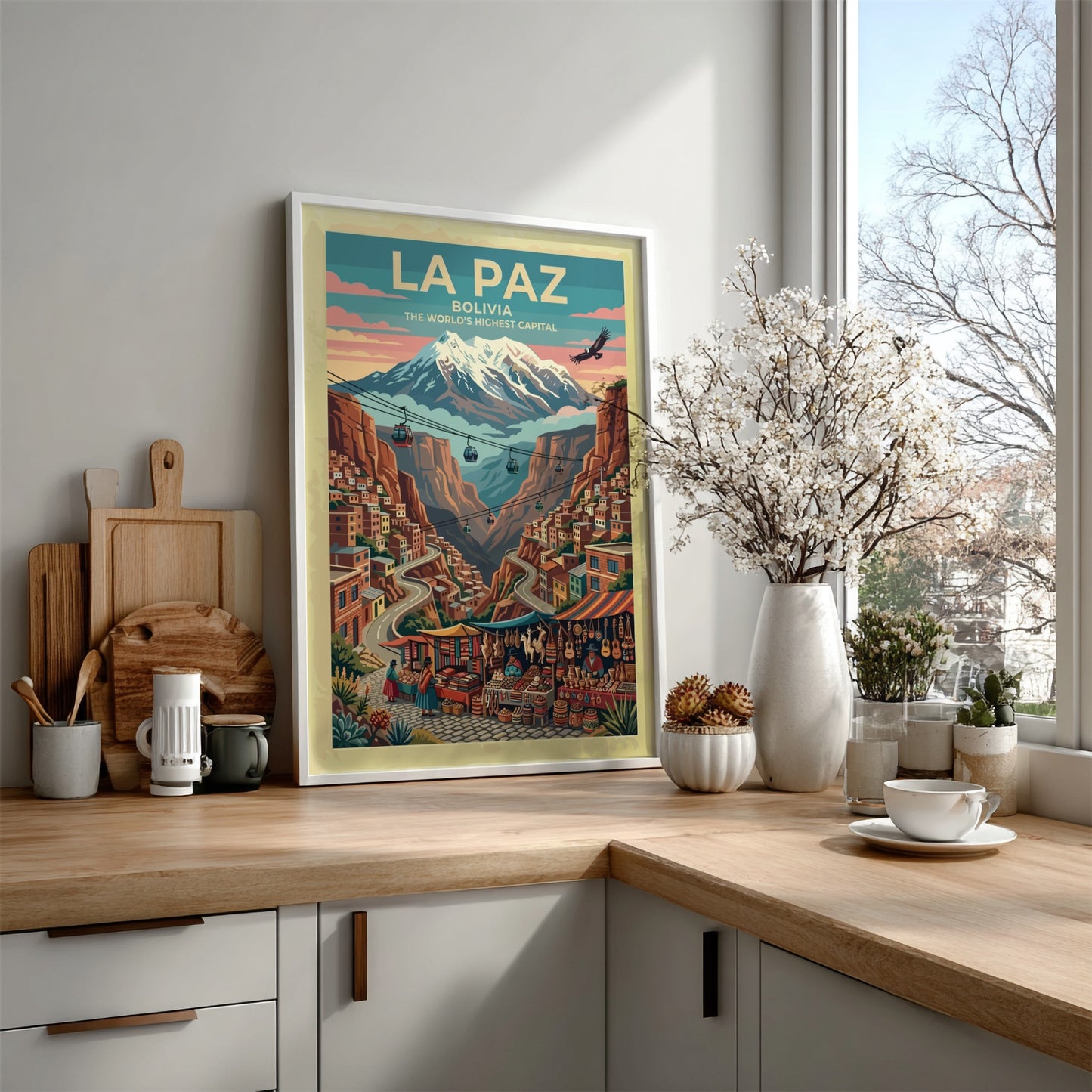 Travel poster of La Paz Bolivia featuring cable cars and mountain views in vibrant colors.