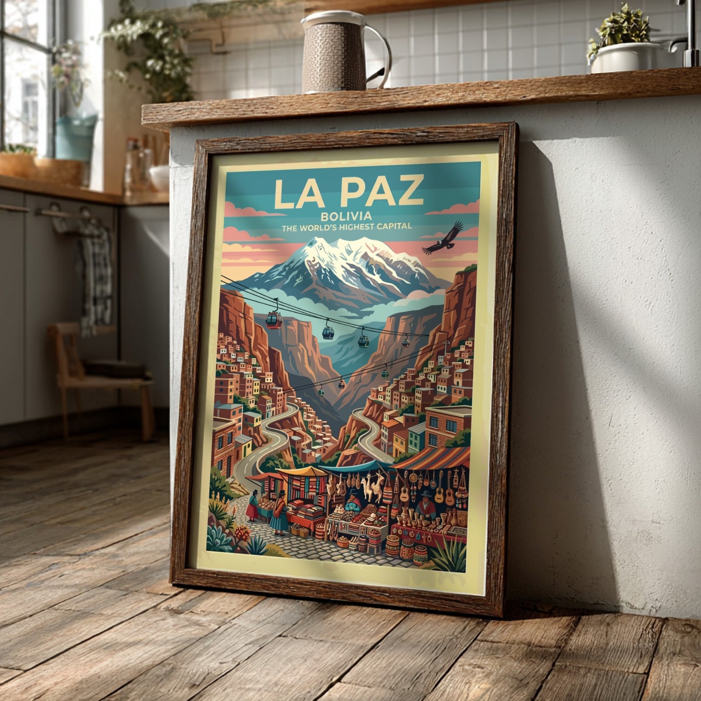 Travel poster of La Paz Bolivia featuring cable cars and mountain views in vibrant colors.