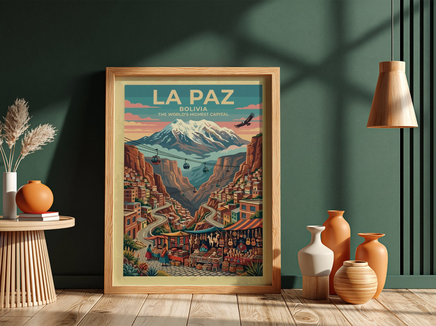Travel poster of La Paz Bolivia featuring cable cars and mountain views in vibrant colors.