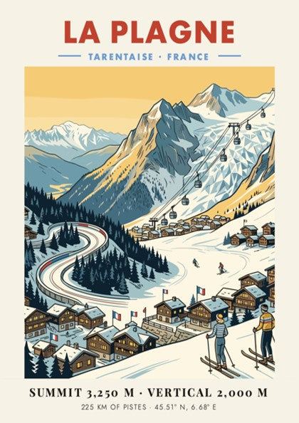 La Plagne travel poster featuring a snowy mountain landscape, cable cars, and skiers.