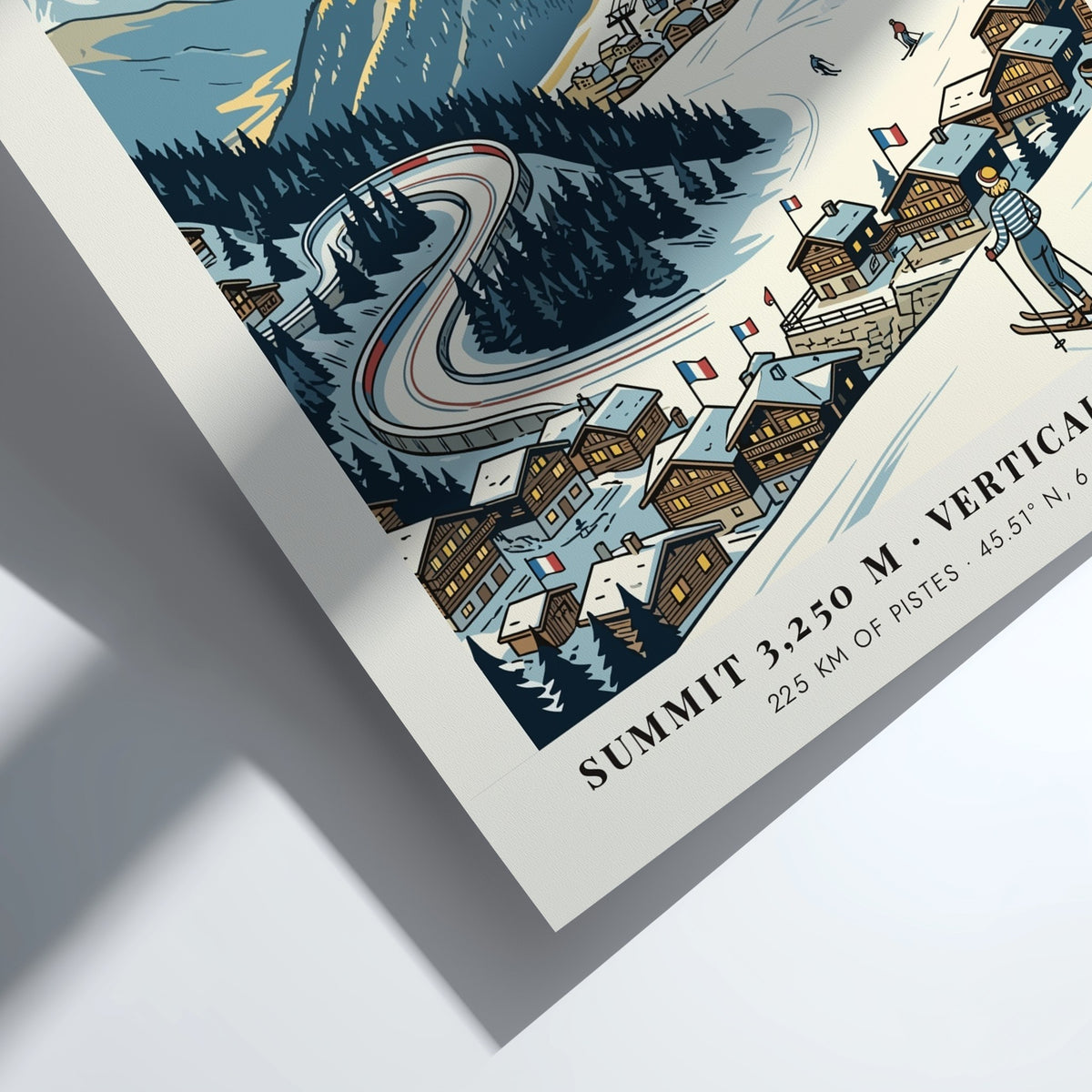 La Plagne travel poster featuring a snowy mountain landscape, cable cars, and skiers.