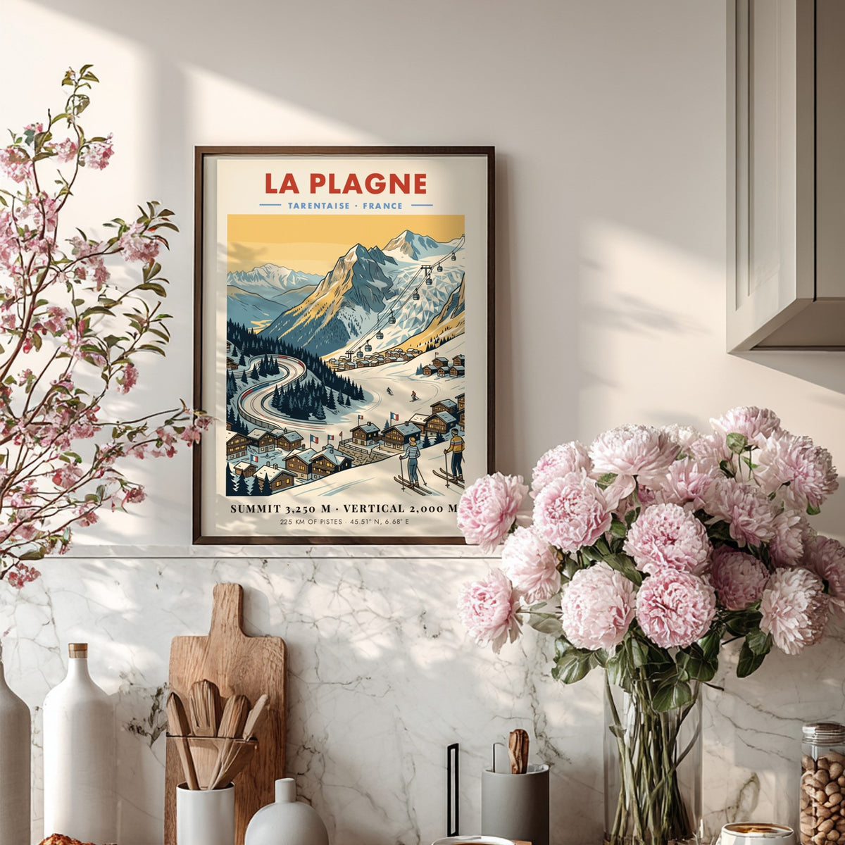 La Plagne travel poster featuring a snowy mountain landscape, cable cars, and skiers.