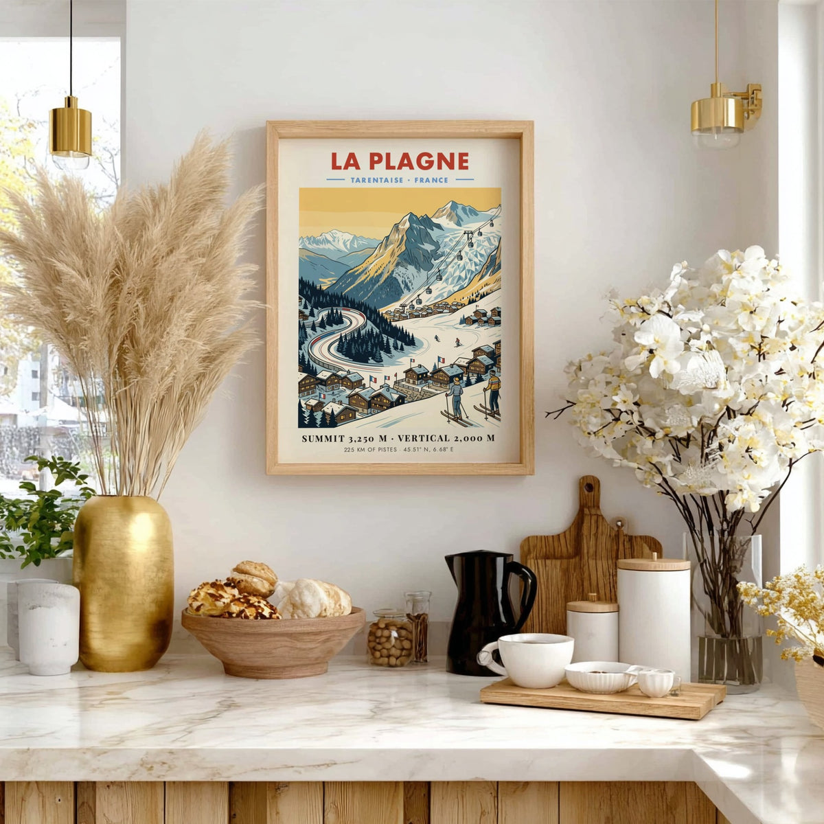 La Plagne travel poster featuring a snowy mountain landscape, cable cars, and skiers.