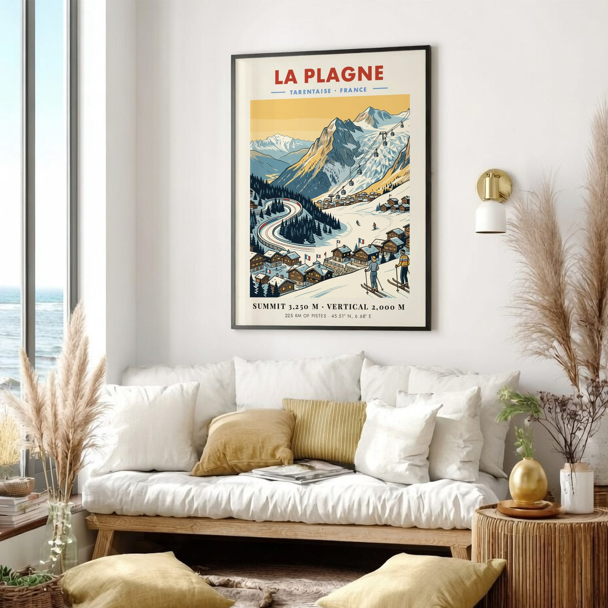 La Plagne travel poster featuring a snowy mountain landscape, cable cars, and skiers.