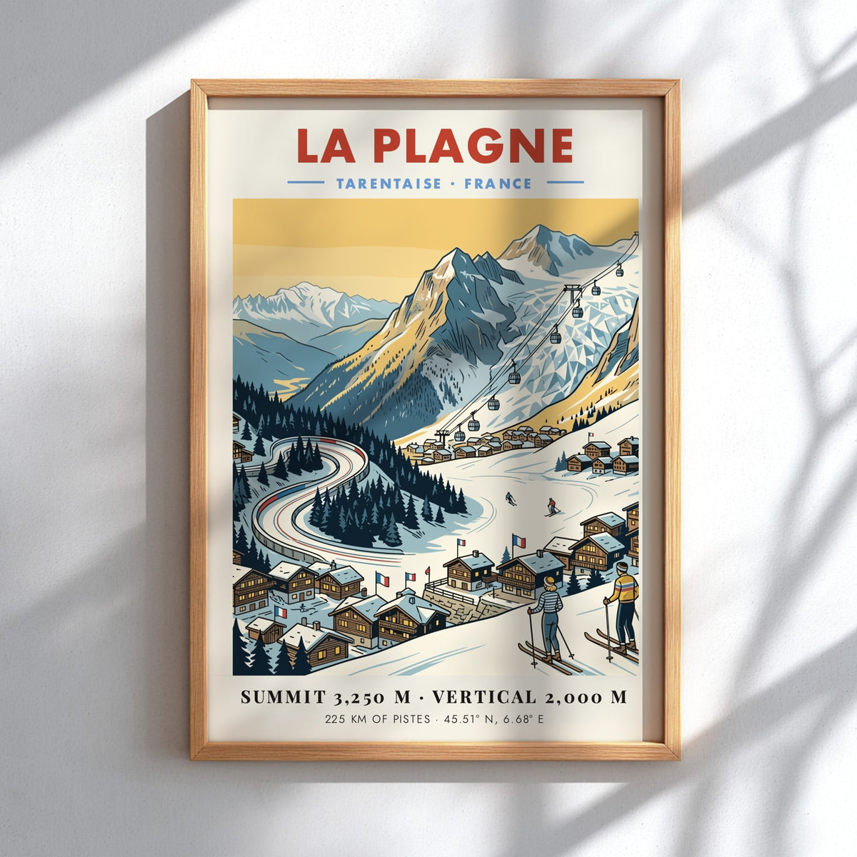 La Plagne travel poster featuring a snowy mountain landscape, cable cars, and skiers.