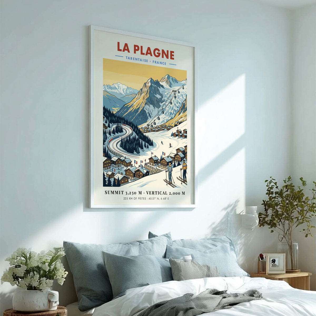 La Plagne travel poster featuring a snowy mountain landscape, cable cars, and skiers.
