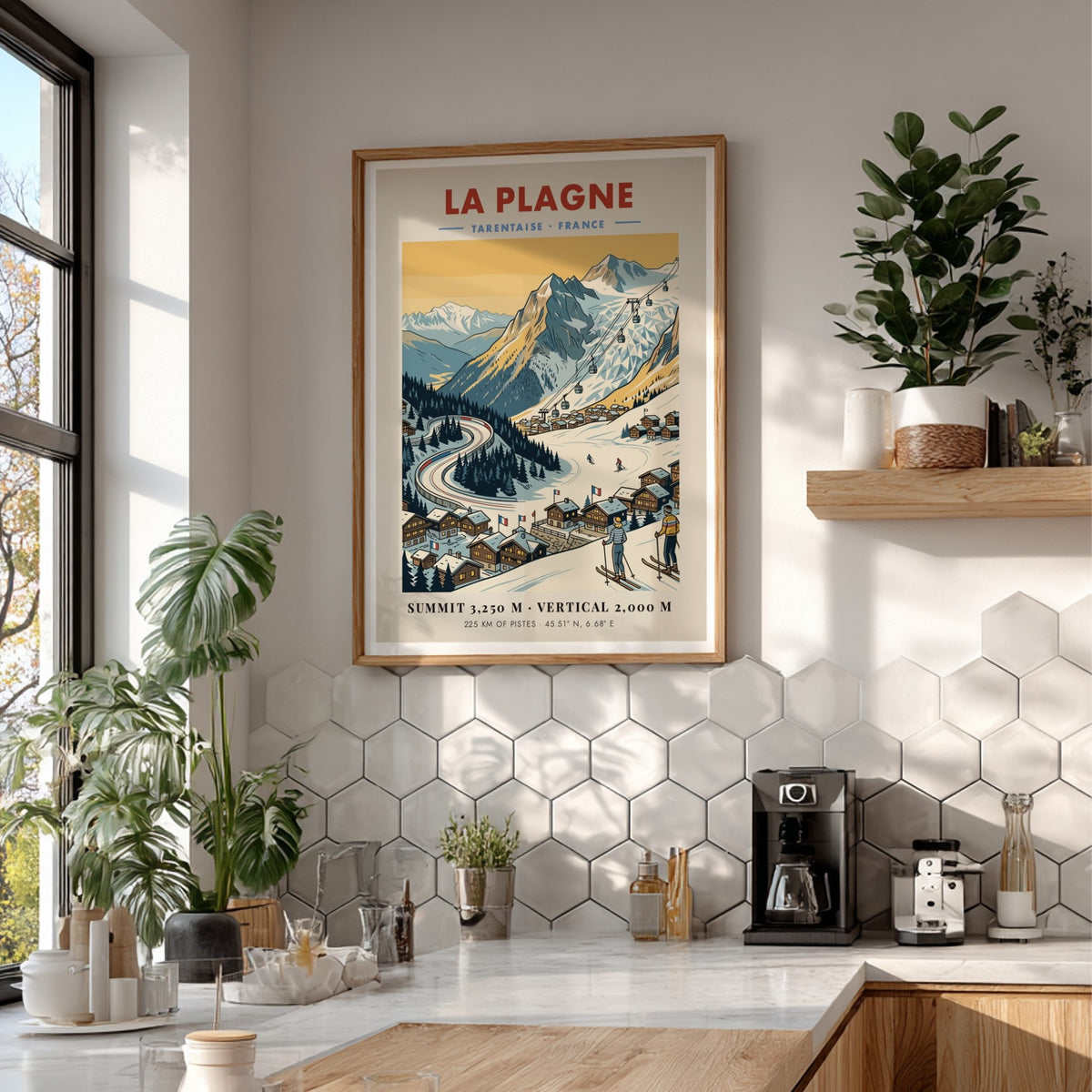 La Plagne travel poster featuring a snowy mountain landscape, cable cars, and skiers.