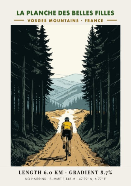 Poster of a cyclist climbing a steep forest path in the Vosges Mountains France.