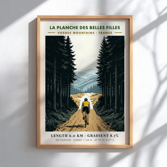 Poster of a cyclist climbing a steep forest path in the Vosges Mountains France.