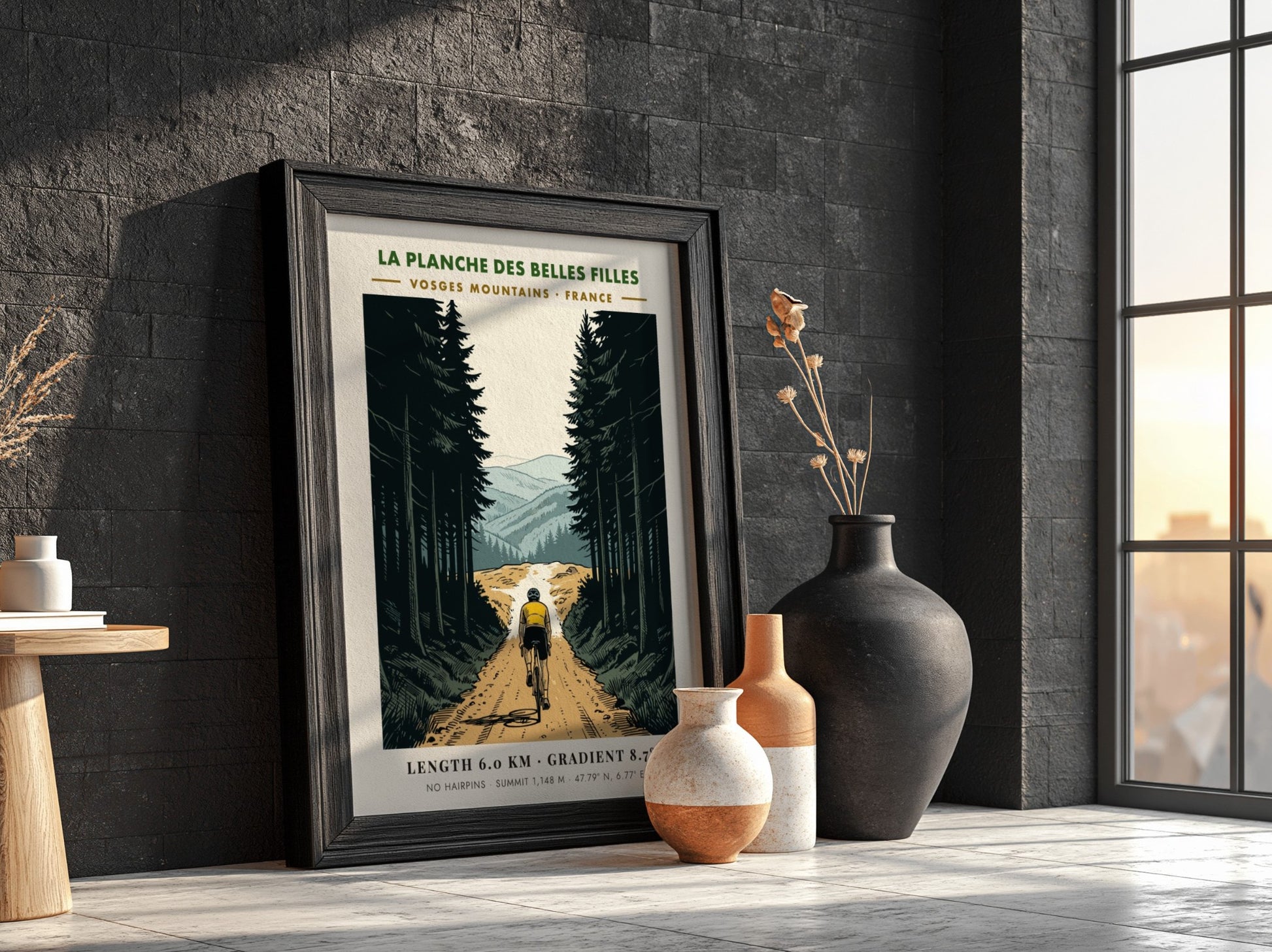 Poster of a cyclist climbing a steep forest path in the Vosges Mountains France.