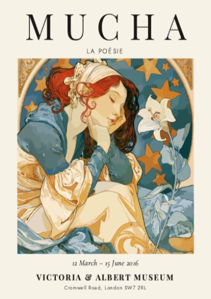 La Poésie poster featuring Alphonse Mucha's Art Nouveau style with soft colors and floral motifs.