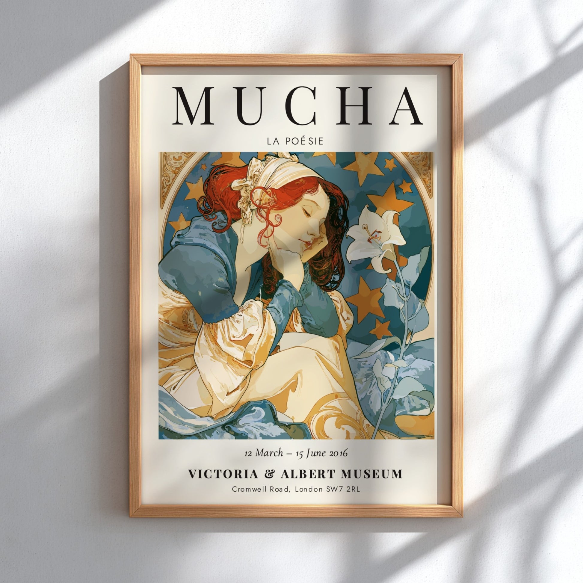 La Poésie poster featuring Alphonse Mucha's Art Nouveau style with soft colors and floral motifs.