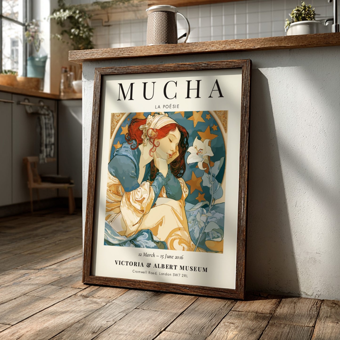La Poésie poster featuring Alphonse Mucha's Art Nouveau style with soft colors and floral motifs.