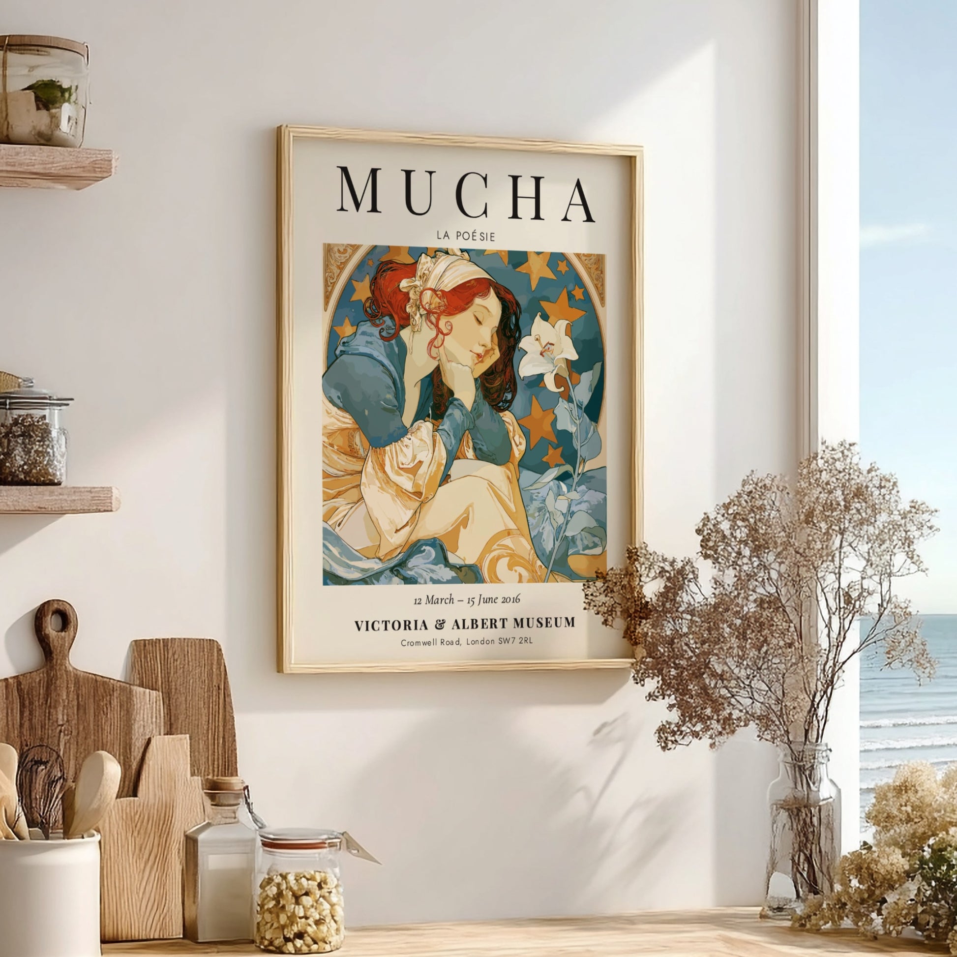 La Poésie poster featuring Alphonse Mucha's Art Nouveau style with soft colors and floral motifs.