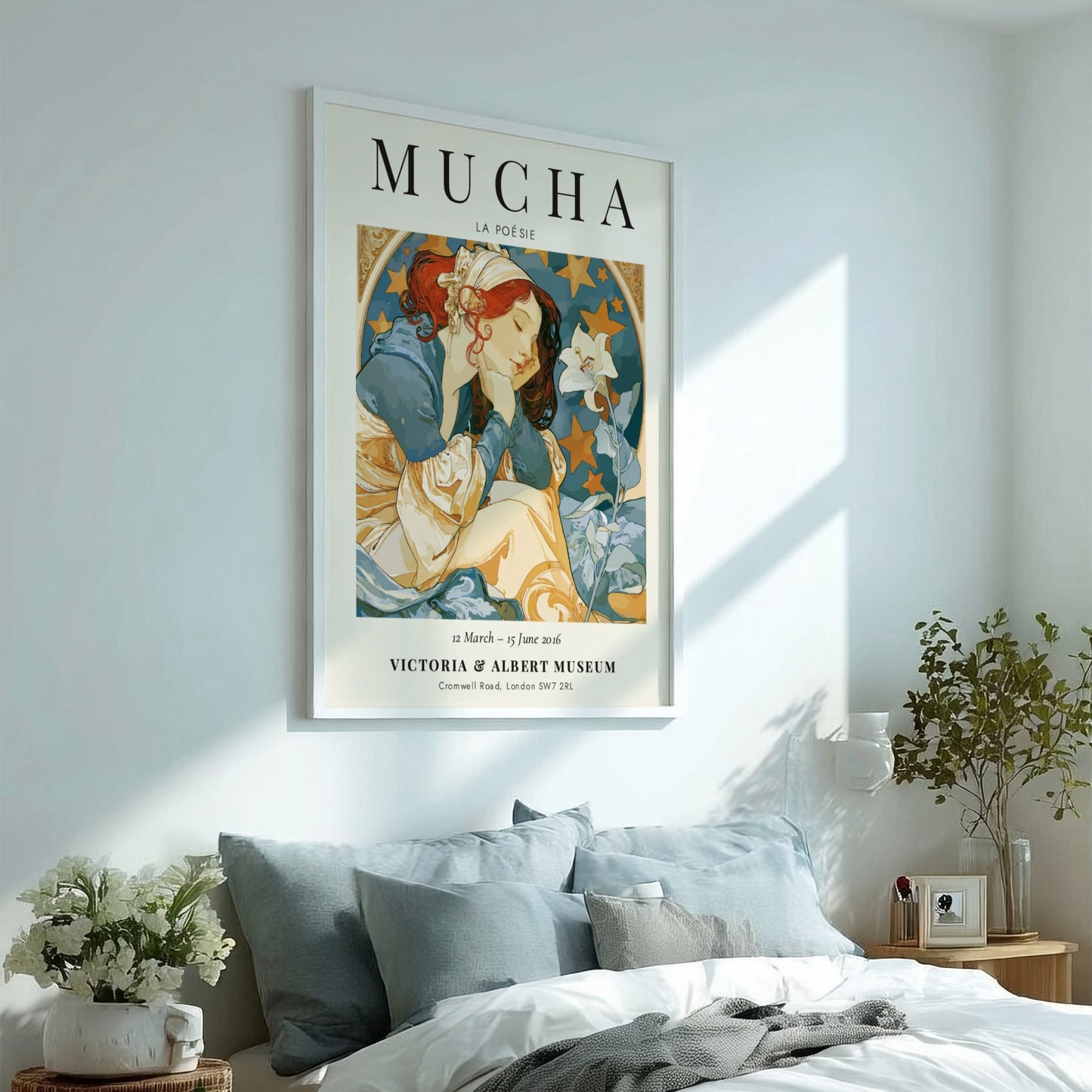 La Poésie poster featuring Alphonse Mucha's Art Nouveau style with soft colors and floral motifs.