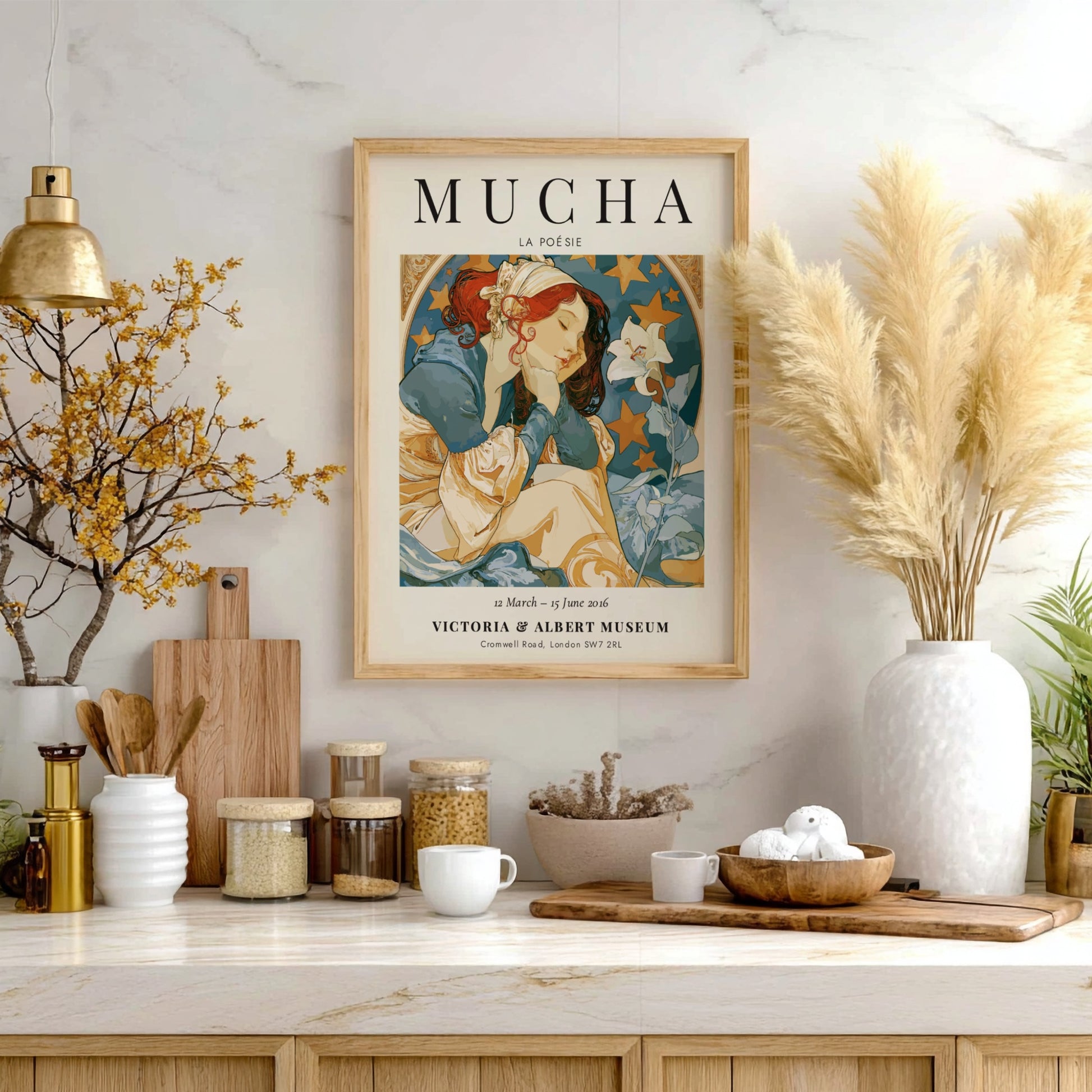 La Poésie poster featuring Alphonse Mucha's Art Nouveau style with soft colors and floral motifs.