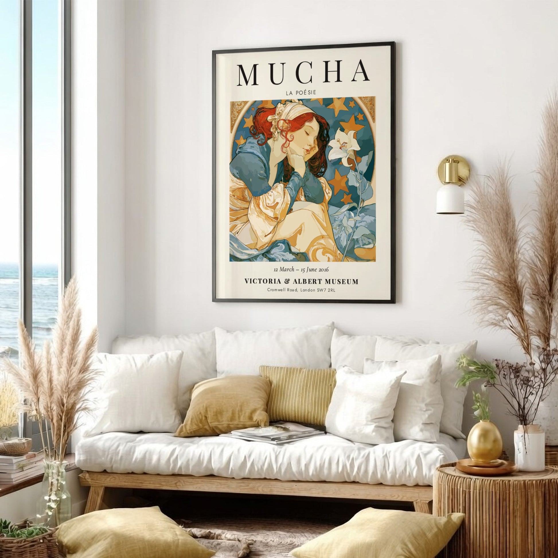 La Poésie poster featuring Alphonse Mucha's Art Nouveau style with soft colors and floral motifs.
