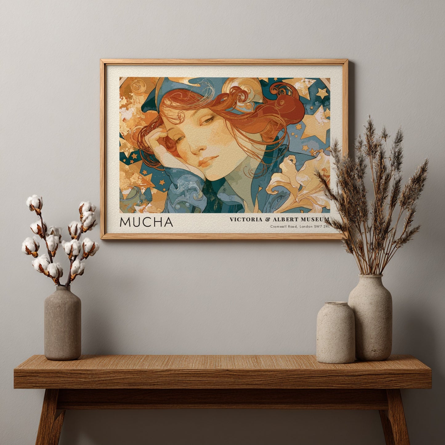 Wall art poster featuring Mucha La Poésie design with a contemplative woman and stars