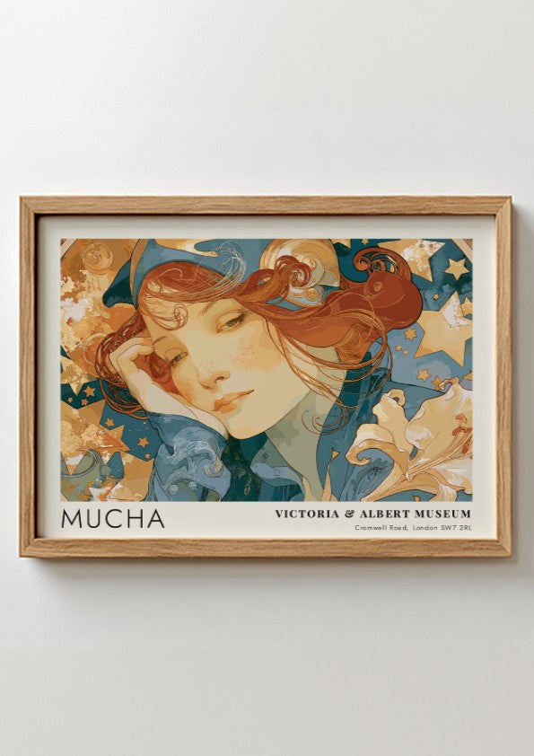 Wall art poster featuring Mucha La Poésie design with a contemplative woman and stars