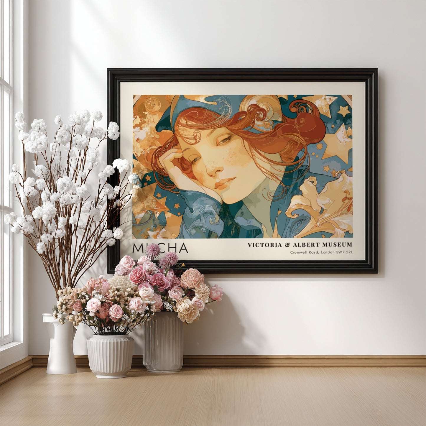 Wall art poster featuring Mucha La Poésie design with a contemplative woman and stars