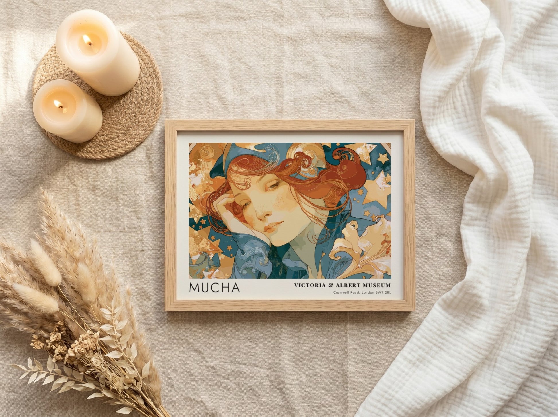 Wall art poster featuring Mucha La Poésie design with a contemplative woman and stars
