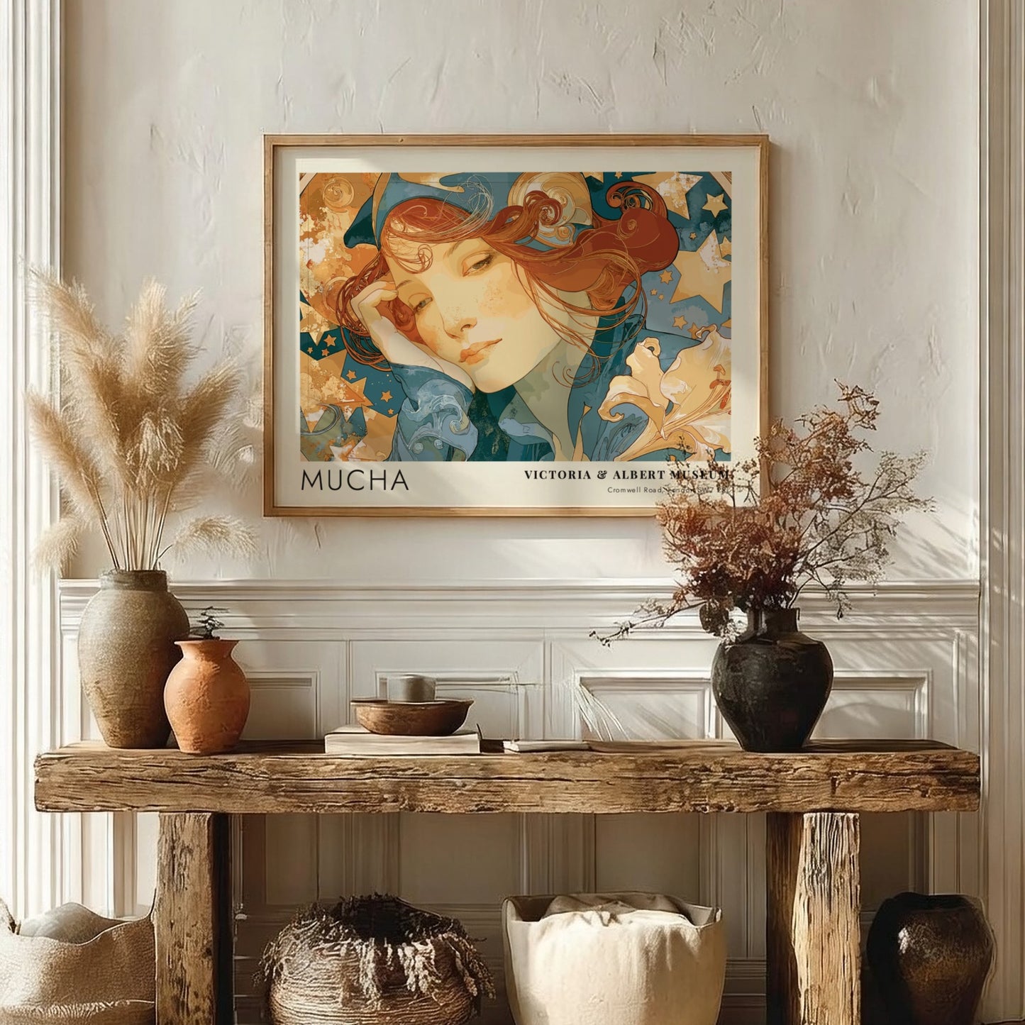 Wall art poster featuring Mucha La Poésie design with a contemplative woman and stars