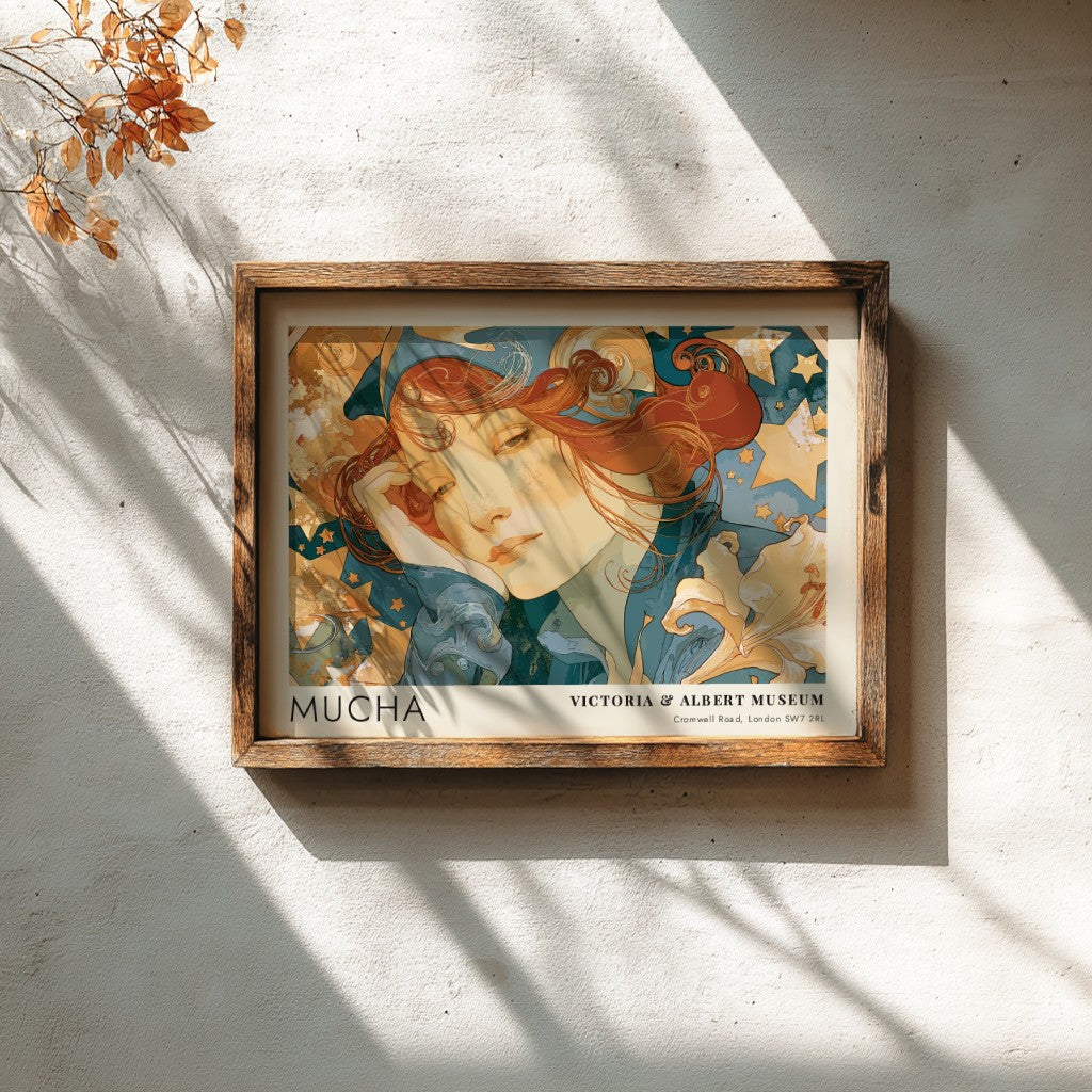 Wall art poster featuring Mucha La Poésie design with a contemplative woman and stars