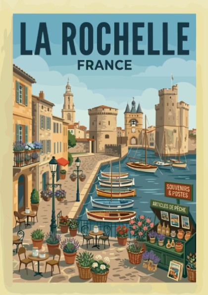 Illustrative travel poster of La Rochelle harbor in France, featuring boats, architecture, and cafes.