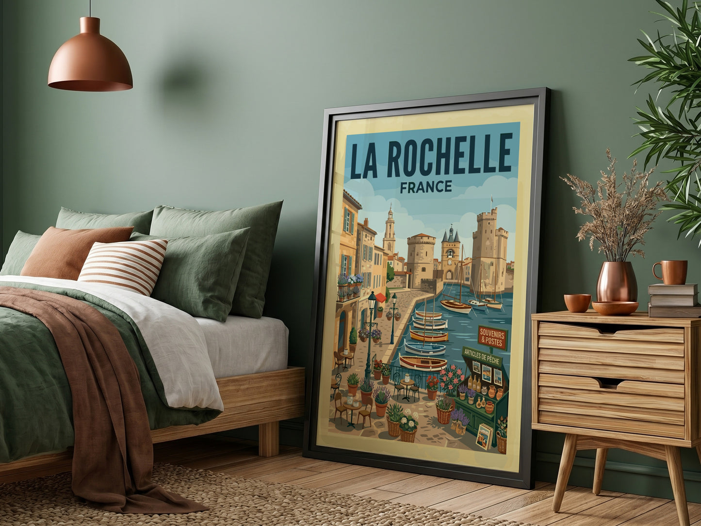 Illustrative travel poster of La Rochelle harbor in France, featuring boats, architecture, and cafes.