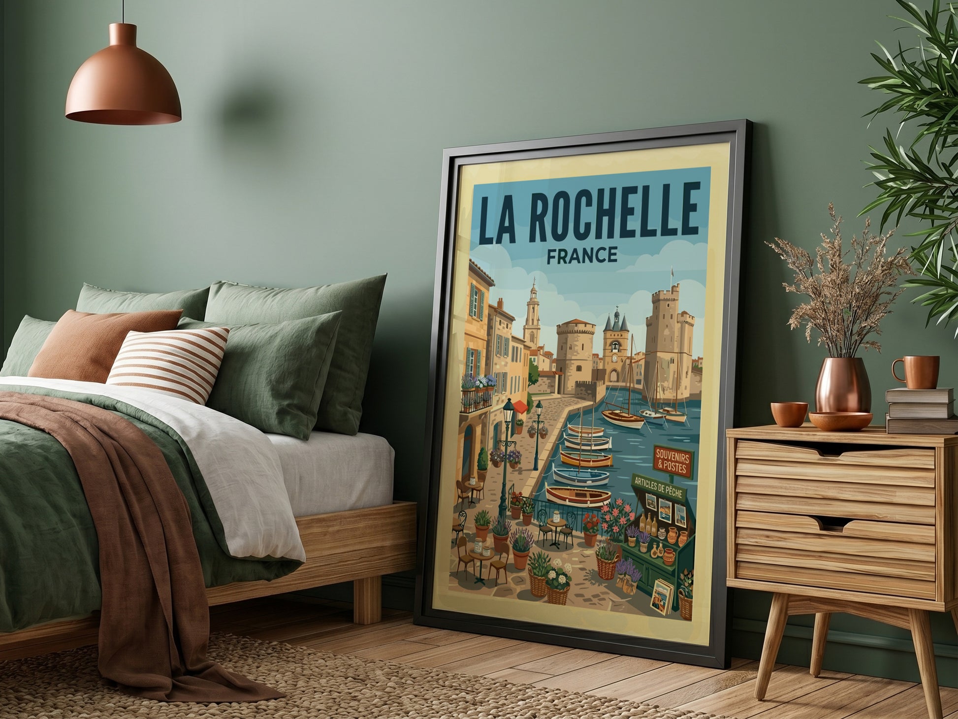 Illustrative travel poster of La Rochelle harbor in France, featuring boats, architecture, and cafes.