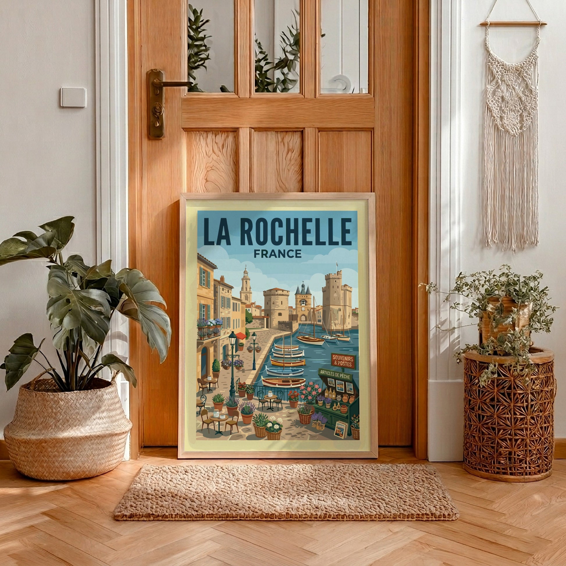 Illustrative travel poster of La Rochelle harbor in France, featuring boats, architecture, and cafes.