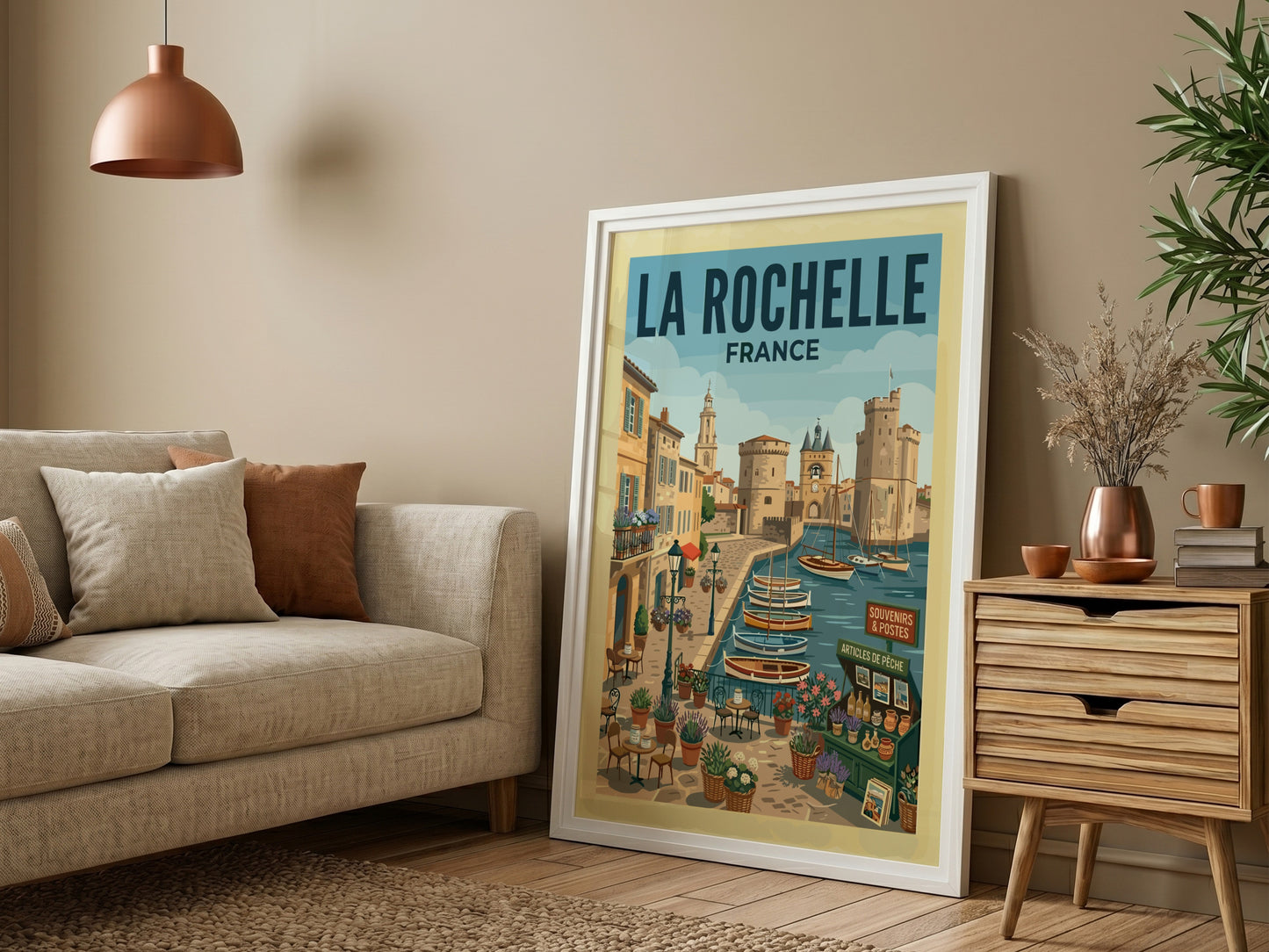 Illustrative travel poster of La Rochelle harbor in France, featuring boats, architecture, and cafes.