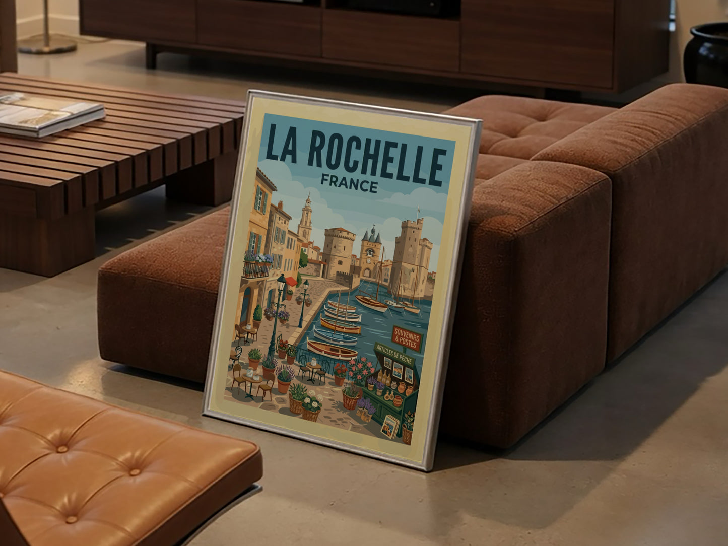 Illustrative travel poster of La Rochelle harbor in France, featuring boats, architecture, and cafes.