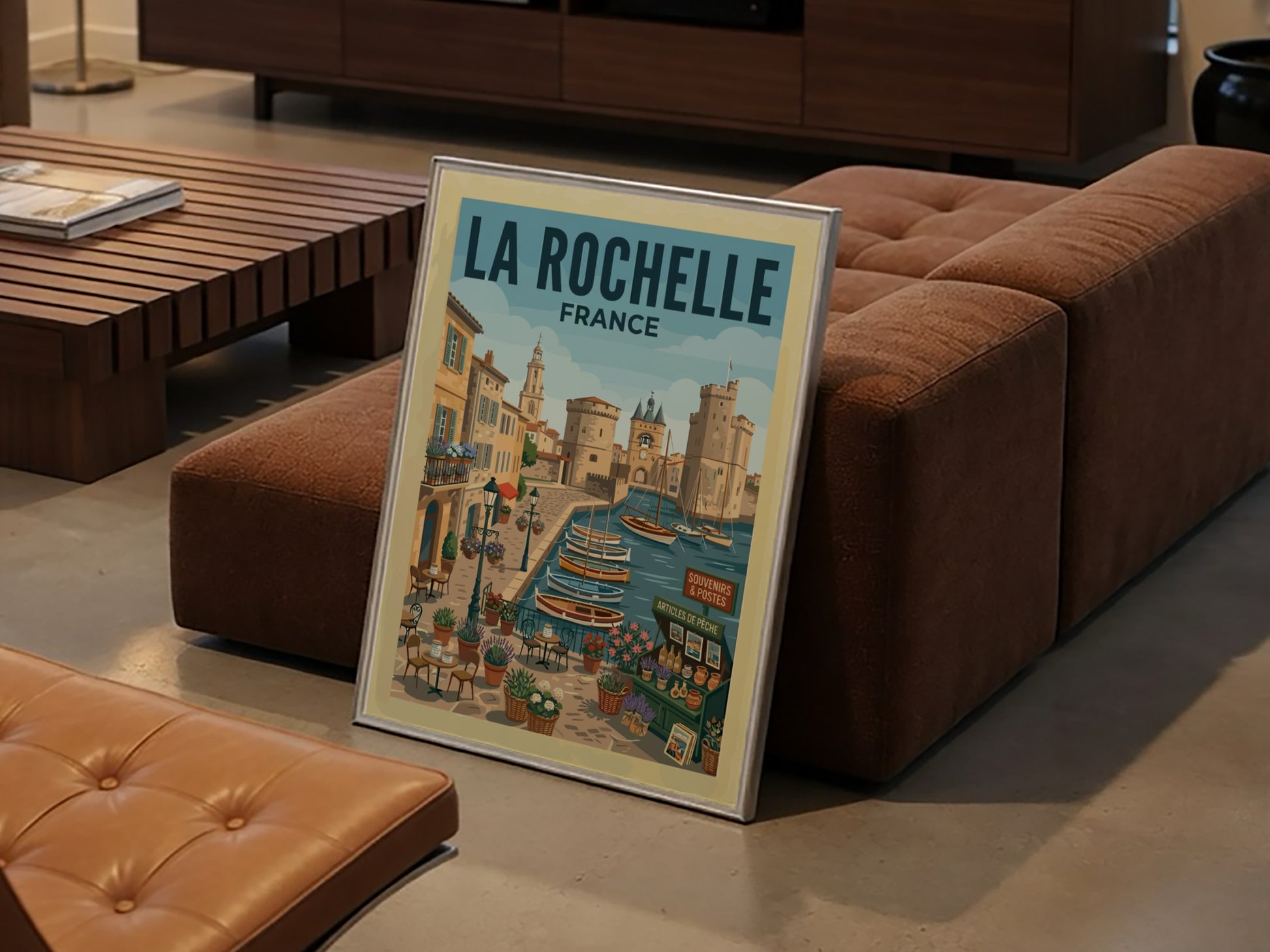 Illustrative travel poster of La Rochelle harbor in France, featuring boats, architecture, and cafes.