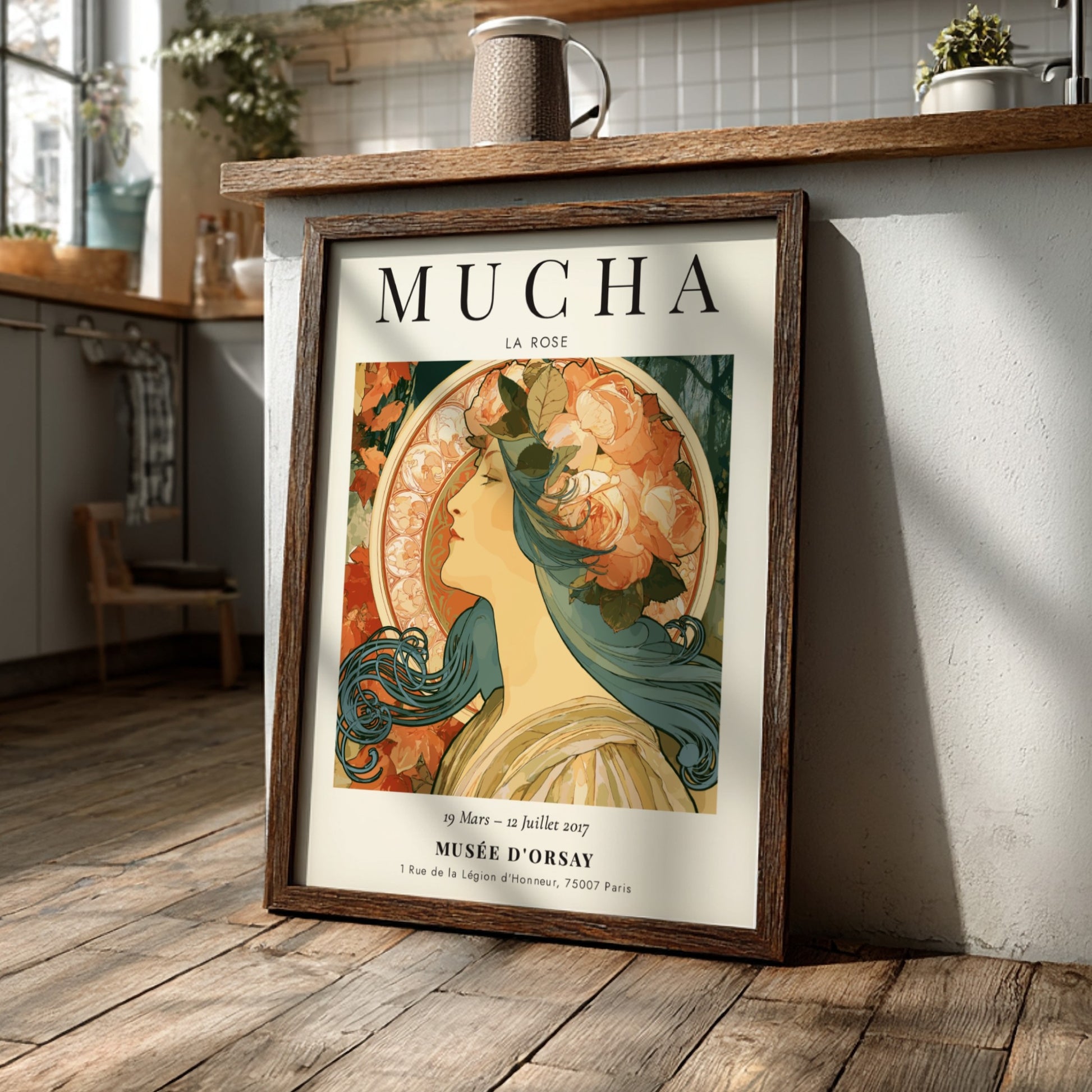 La Rose poster featuring a woman with roses, Alphonse Mucha art print