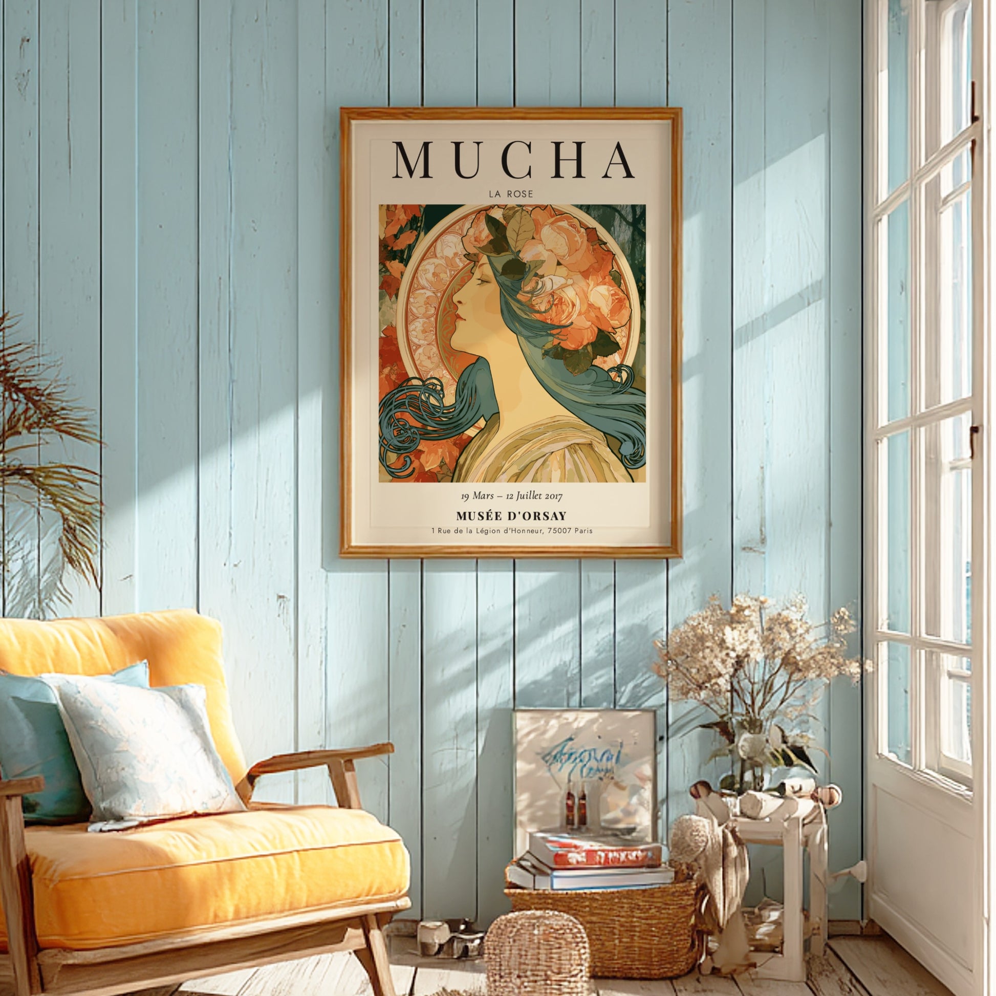 La Rose poster featuring a woman with roses, Alphonse Mucha art print