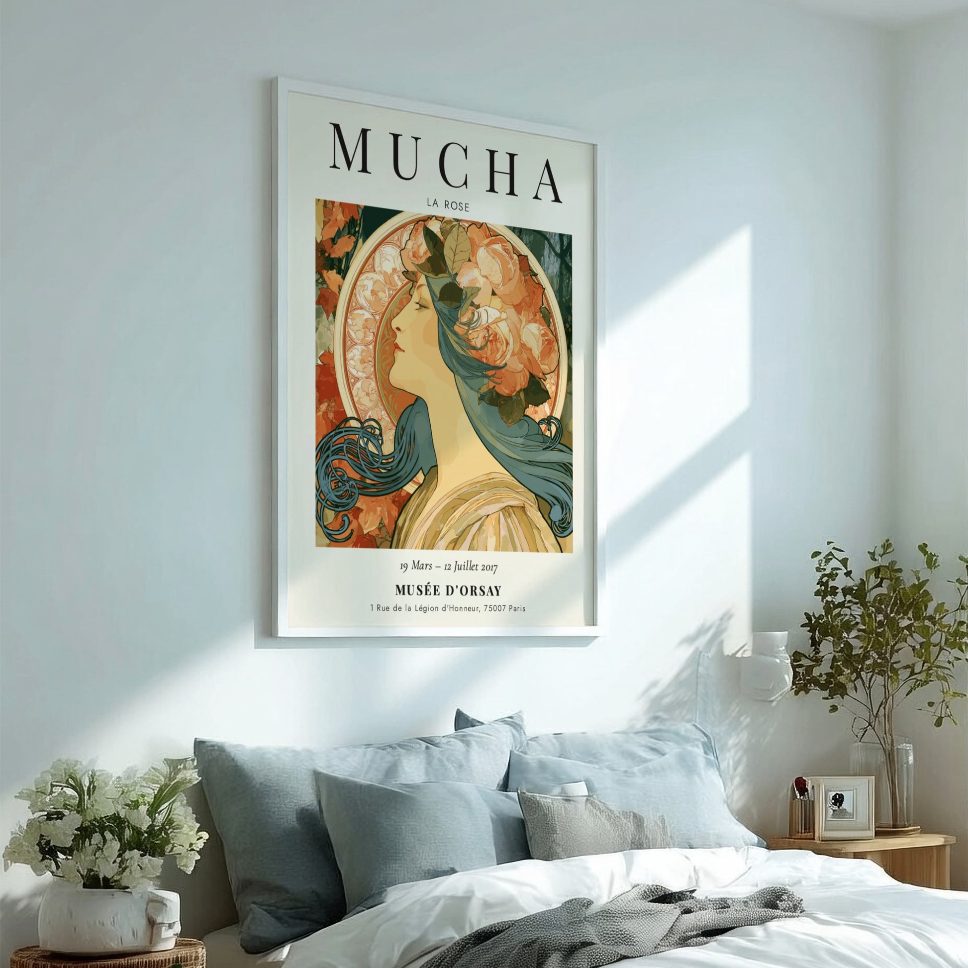 La Rose poster featuring a woman with roses, Alphonse Mucha art print