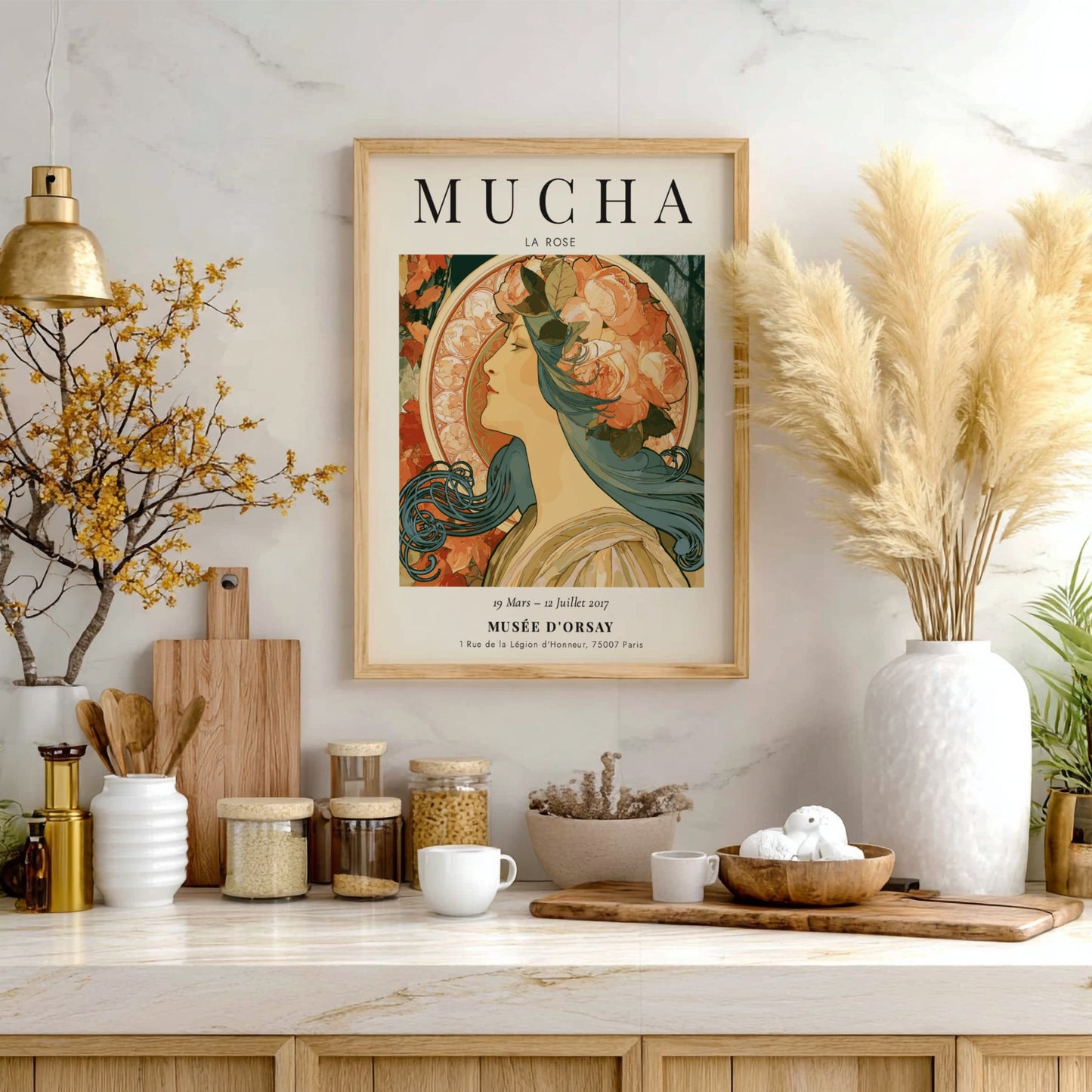 La Rose poster featuring a woman with roses, Alphonse Mucha art print