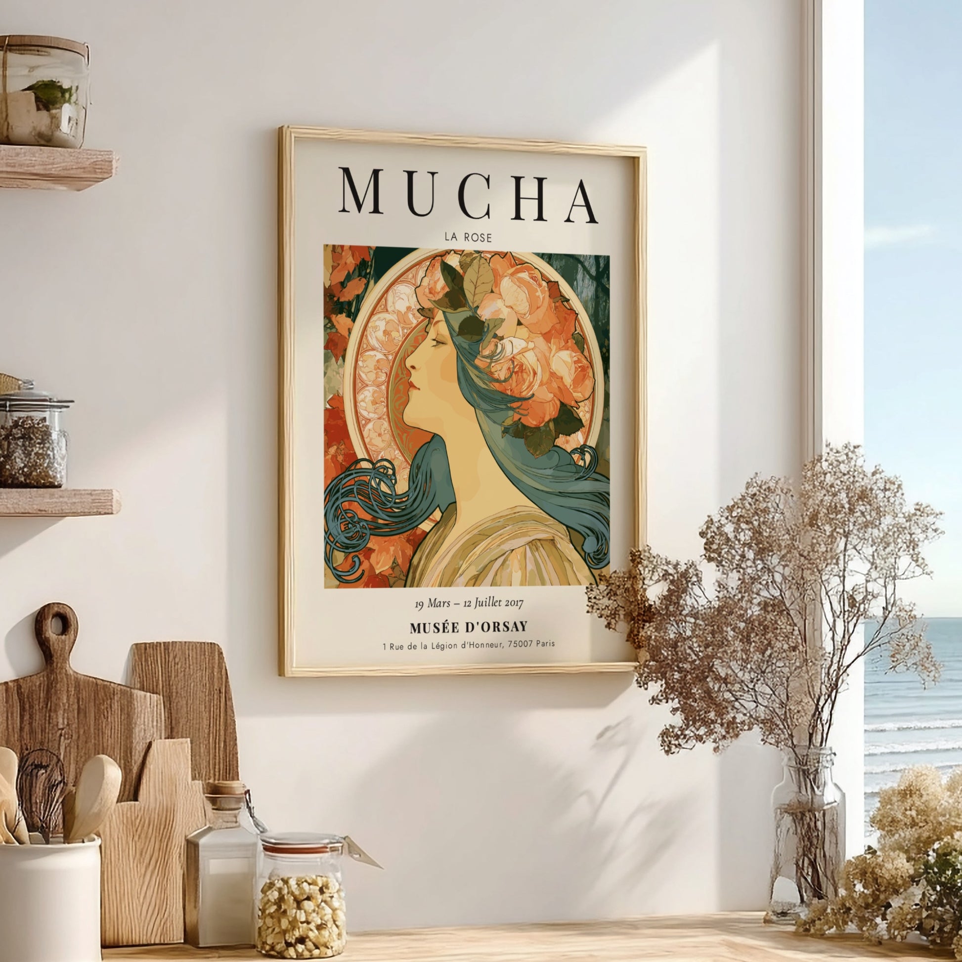 La Rose poster featuring a woman with roses, Alphonse Mucha art print