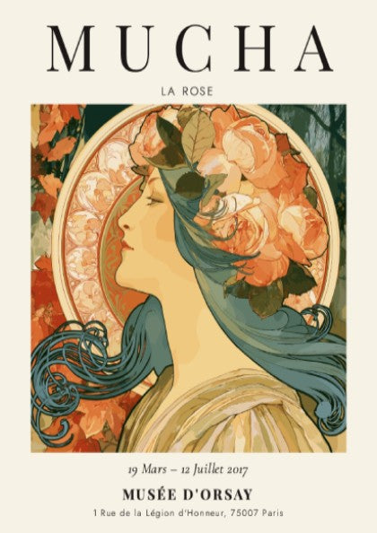 La Rose poster featuring a woman with roses, Alphonse Mucha art print